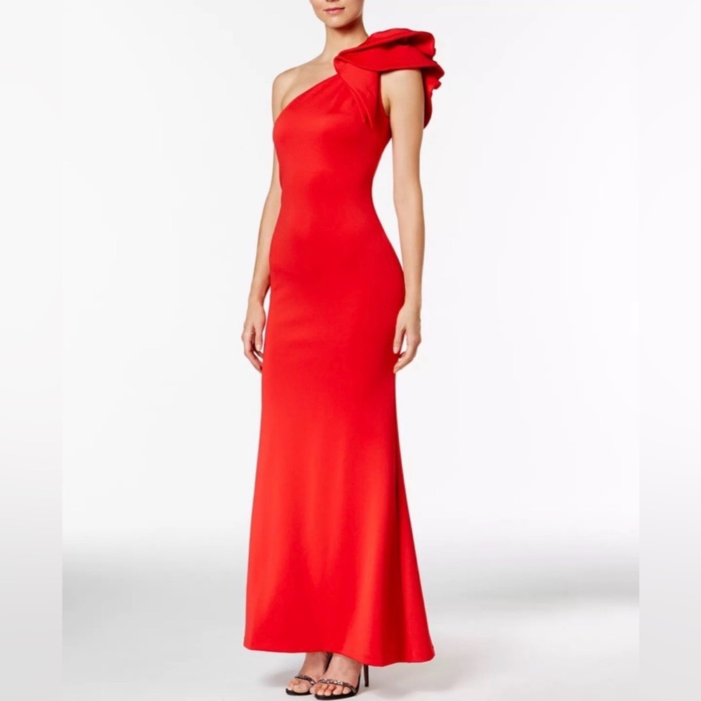 Betsy & Adam Vibrant Red One-Shoulder Dress